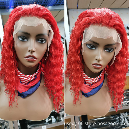 Wholesale Colored Deep Wave HD Transparent Lace Frontal Wigs For Black Women 613 Blonde Red Short Bob Wigs Human Hair Curly Wig